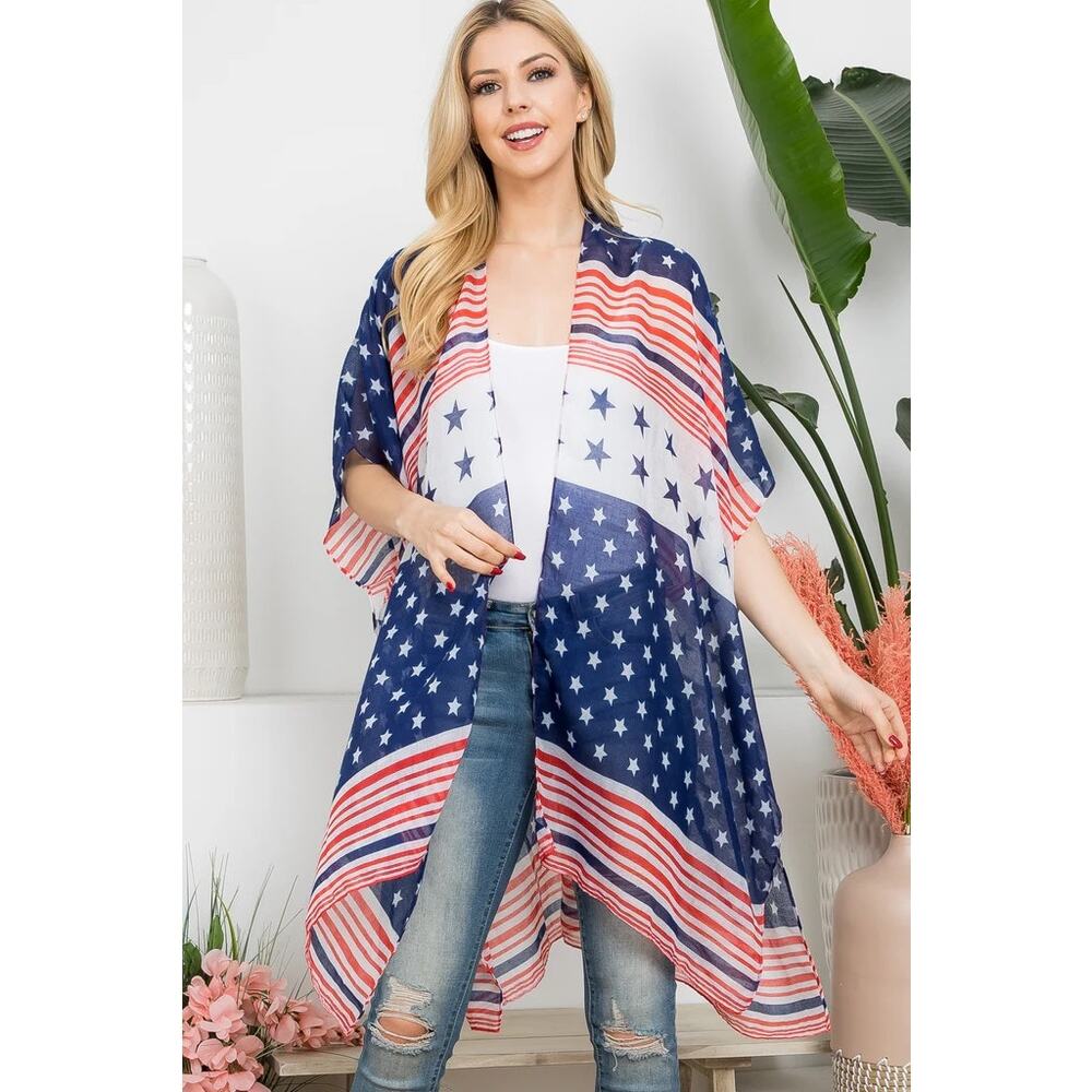 American Flag Patriotic Open Front Kimono